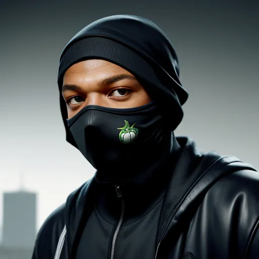 ai image generator text - a man wearing a black mask and a black jacket with a green apple on it's face and a black jacket with a black hood, by Baiōken Eishun