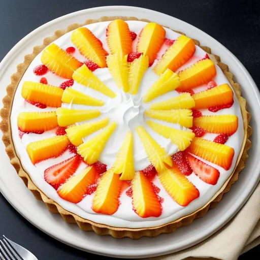 a fruit tart with a fork and knife on a plate with a fork and knife next to it, by Yaacov Agam