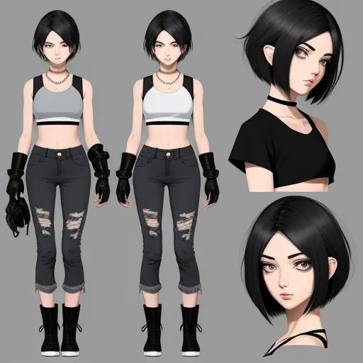 turn image into hd - a girl with black hair and gloves poses for a character model sheet, with different angles and sizes of her hair, by François Louis Thomas Francia