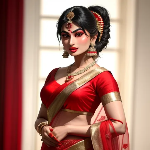 a woman in a red and gold sari with a red and gold necklace and earrings on her head, by Raja Ravi Varma