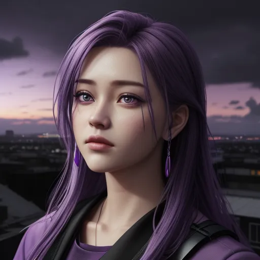 ai image from text - a woman with purple hair and a purple shirt and purple earrings is looking at the camera with a city in the background, by Hirohiko Araki