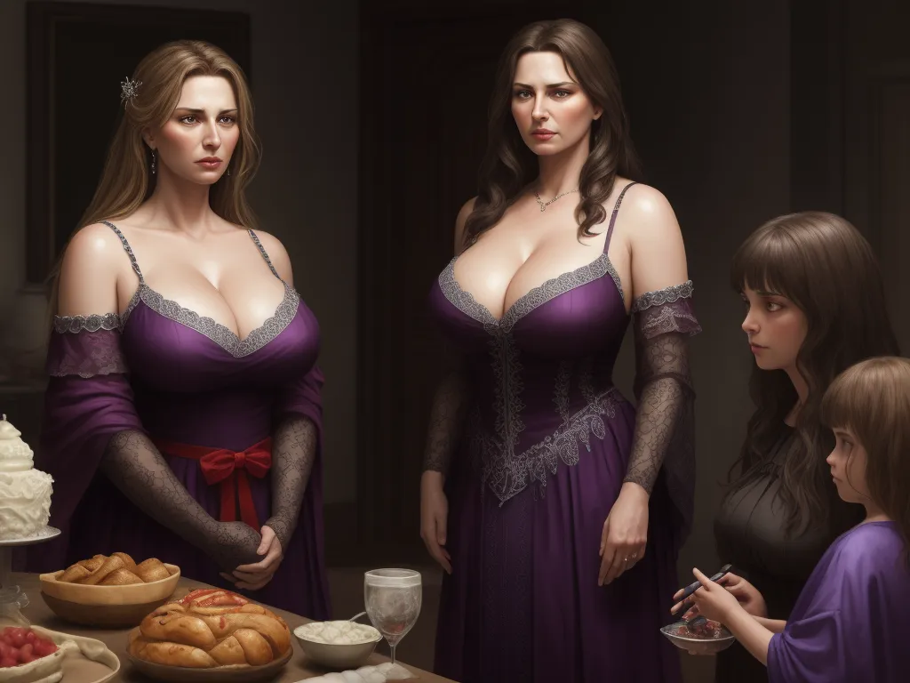 4k photo converter online - a painting of two women in evening dresses standing in front of a table with a cake and other women, by Edmond Xavier Kapp