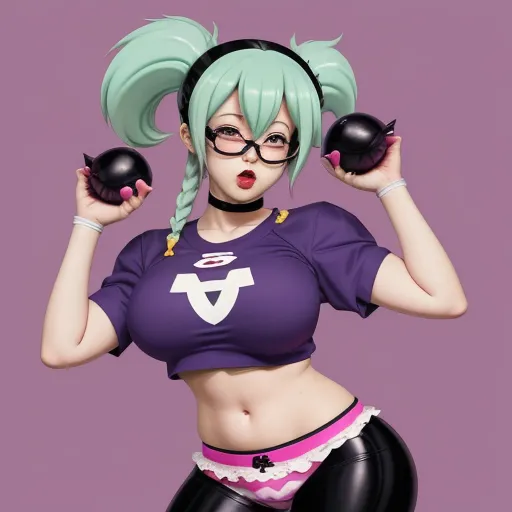 hd images - a woman in a purple shirt and black pants holding two black balls in her hands and a pink background, by Hirohiko Araki