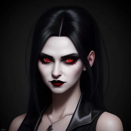 ai generated images from text - a woman with red eyes and black hair wearing a black leather jacket and necklace with a cross on it, by Daniela Uhlig