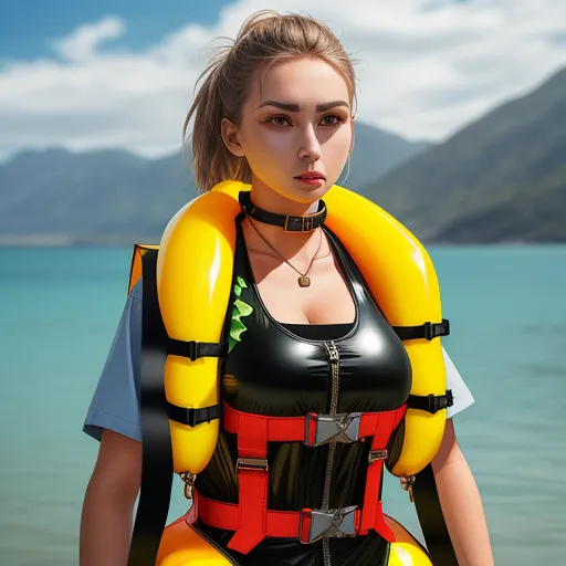 increase image size - a woman in a body suit standing in the water with a life jacket on her back and a life jacket on her chest, by Terada Katsuya