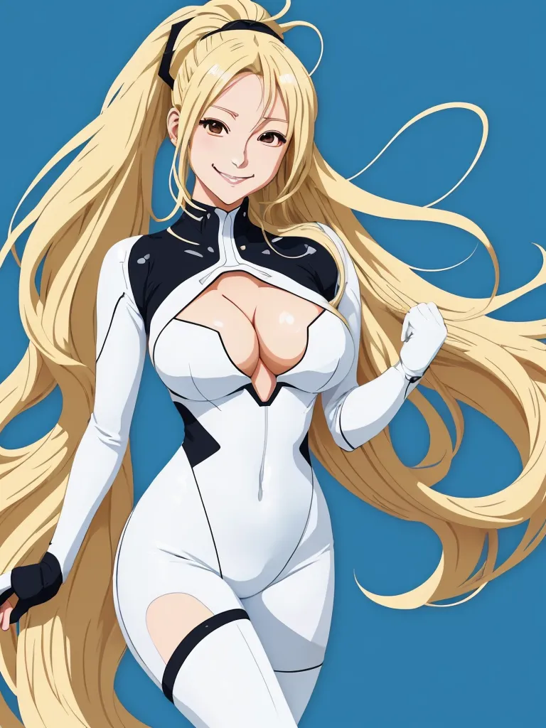 a cartoon character with long blonde hair and a white bodysuit with black accents, posing for a picture, by Hiromu Arakawa