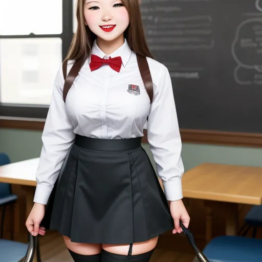 a woman in a skirt and bow tie posing for a picture in front of a chalkboard with a chalkboard in the background, by Sailor Moon