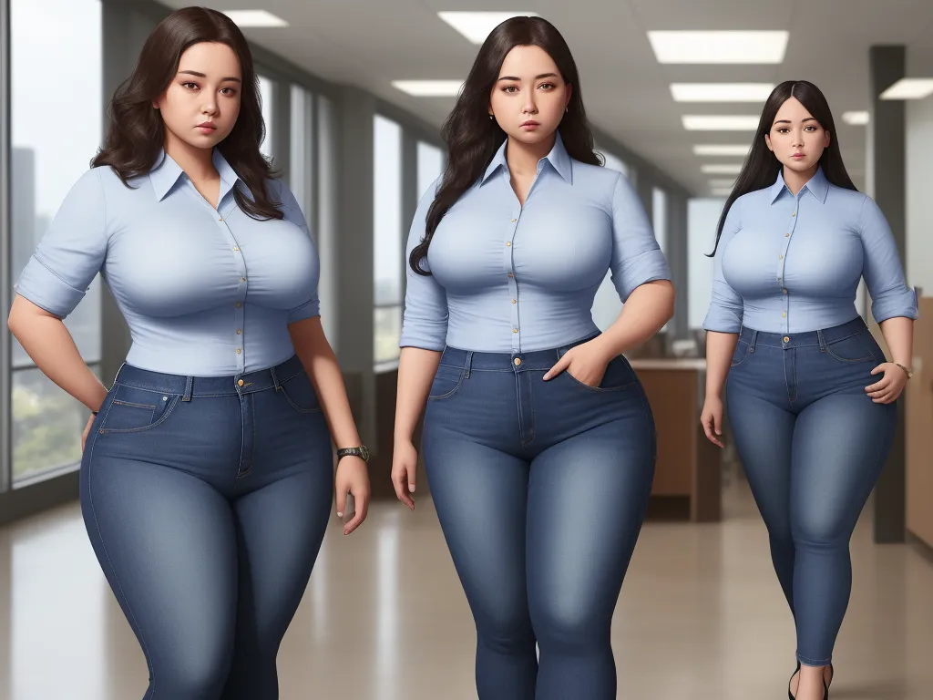 convert image to text ai - a woman in a blue shirt and jeans is standing in a hallway with a large window behind her and a woman in a blue shirt and jeans is standing in front of, by Terada Katsuya