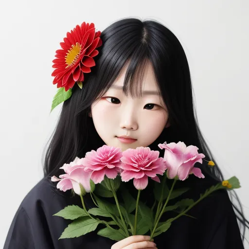 free ai photo - a woman holding a bunch of flowers in her hands with a flower in her hair and a flower in her hair, by Liu Ye