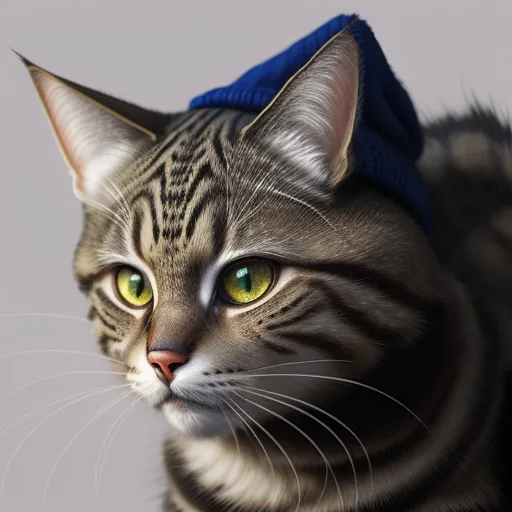 a cat with a blue hat on its head looking at the camera with a sad look on its face, by Daniela Uhlig