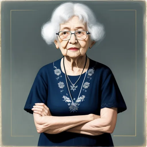 complete image ai - a painting of an elderly woman with glasses and a necklace on her neck, with her arms crossed, looking to the side, by Naomi Okubo