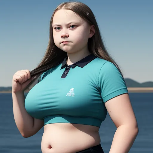 translate image online - a girl in a blue shirt is posing for a picture by the water with her hands on her hips, by Studio Ghibli