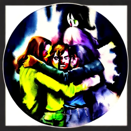 a painting of two people hugging each other in a circle with a black frame on the wall behind them, by Jamie Hewlett