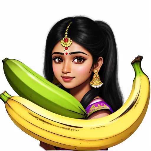 a woman holding a bunch of bananas in her hands and wearing a head piece with a gold necklace on her head, by Raja Ravi Varma