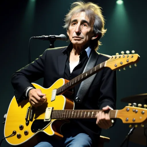 a man playing a guitar on stage with a microphone and a microphone in the background with lights on the stage, by Billie Waters