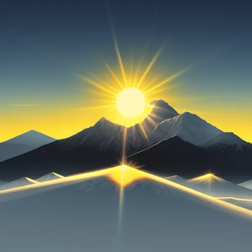 text to image ai generator - a painting of a mountain range with the sun shining over it and a yellow sky above it with a yellow and blue background, by Andy Fairhurst