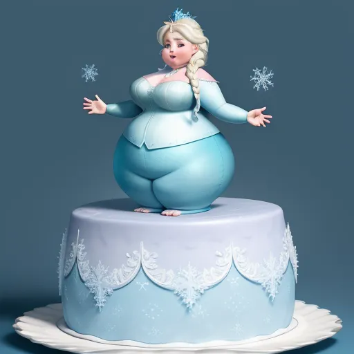 a cake with a woman dressed as a snow queen on top of it and snowflakes on the side, by Pixar Concept Artists