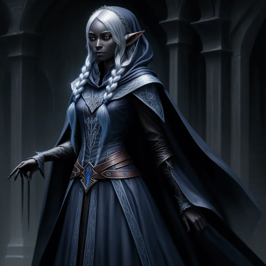 a woman dressed in a blue dress and a white hair and horns standing in a dark room with columns, by Antonio J. Manzanedo