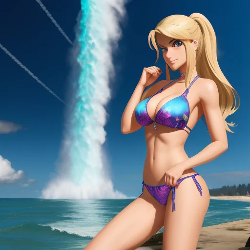 word to image generator - a cartoon girl in a bikini standing on a beach next to the ocean with a jet in the background, by Hanna-Barbera