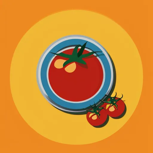 a plate with tomatoes on it and a fork and knife on the plate with tomatoes on it, on a yellow background, by Toei Animations