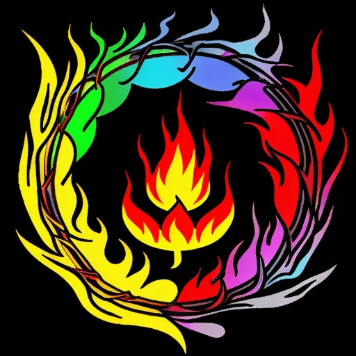 convert to 4k photo - a colorful fire circle with flames in the center of it on a black background with a black background and a white border, by Baiōken Eishun