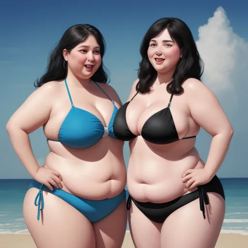 two women in bikinis standing on a beach next to the ocean and the ocean is blue and white, by Terada Katsuya