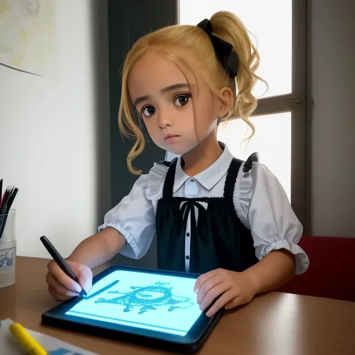 a little girl sitting at a table with a tablet and a pen in her hand and a drawing on the screen, by Pixar Concept Artists
