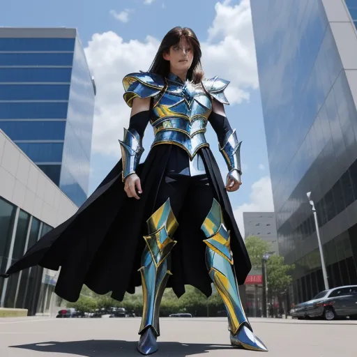 a woman in a costume standing in front of a building with a sword in her hand and a large sword in her hand, by Sailor Moon