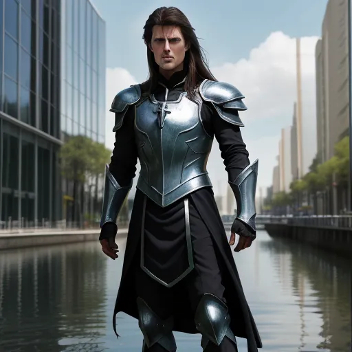 turn photos to 4k - a man in a suit of armor standing in the water in front of a building and a city street, by Hugo van der Goes