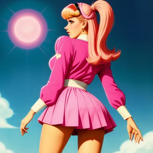 turn photo to 4k - a cartoon girl in a pink dress standing in the sun with her hands on her hips and her hair in a ponytail, by Hiroshi Nagai