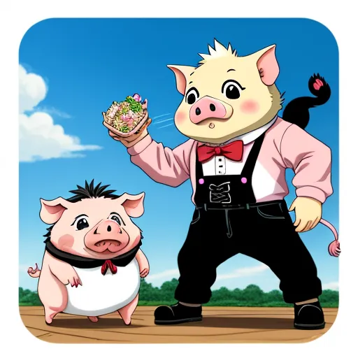 ai that generates images - a pig and a piggy are standing in the dirt with a basket of food in their hand and a pig is standing next to them, by Akira Toriyama