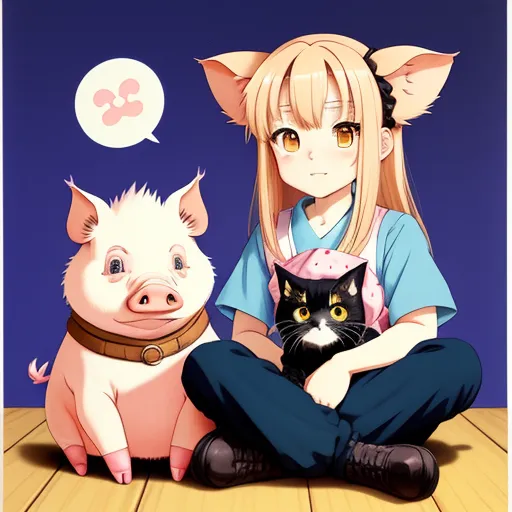 a girl sitting on the floor with a pig and a cat next to her, with a speech bubble above her, by Hiromu Arakawa