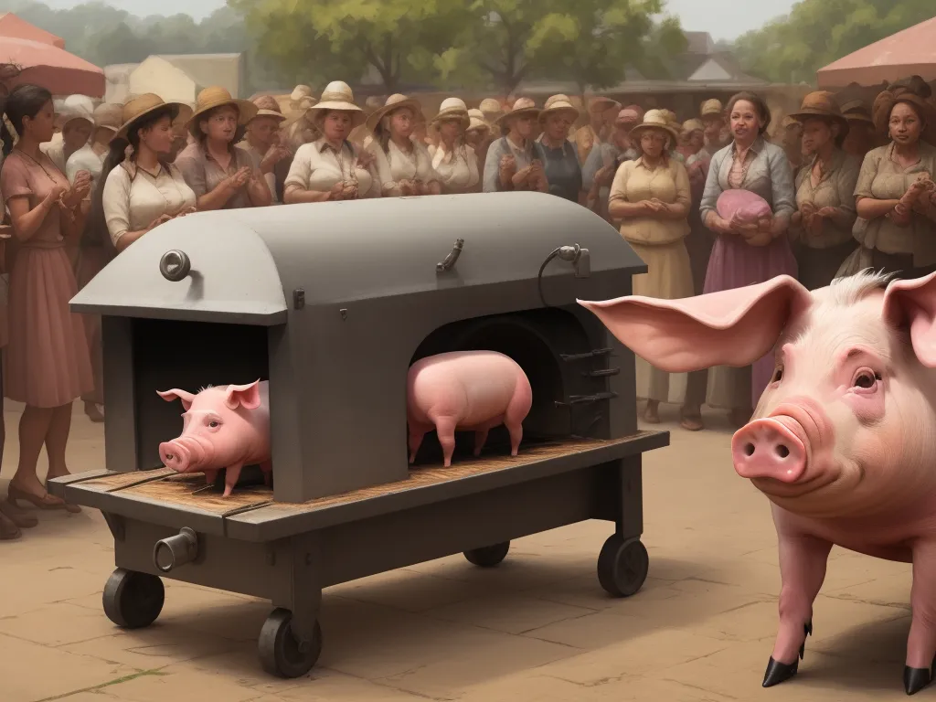 ai text to picture generator - a group of people standing around a pig oven with pigs in it's front and back doors open, by Pawel Kuczynski