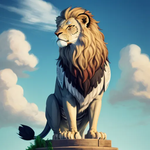 ai generated images from text online - a lion statue sitting on top of a wooden platform in the middle of a field of grass and clouds, by Lois van Baarle