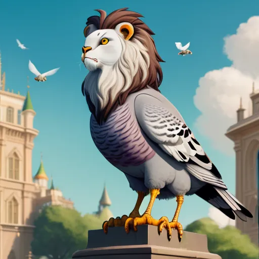 make any photo hd - a bird with a lion's head on top of a statue of a lion in front of a castle, by Pixar Concept Artists