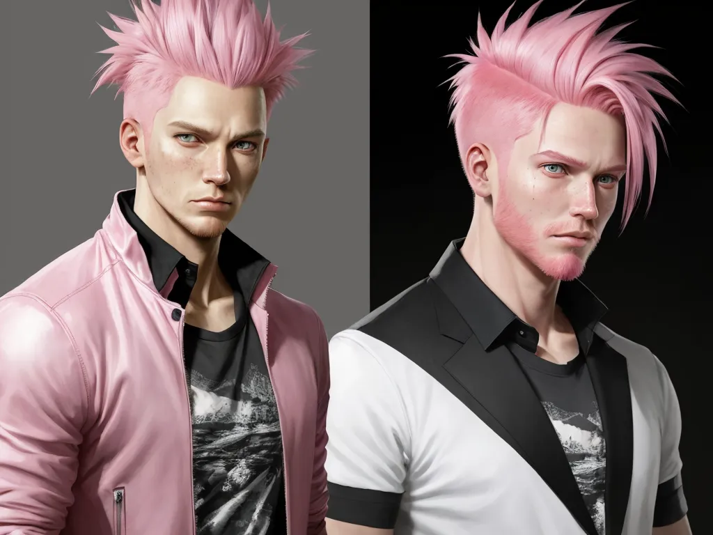 two men with pink hair and black shirts, one with pink hair and the other with pink hair and black shirt, by Lois van Baarle