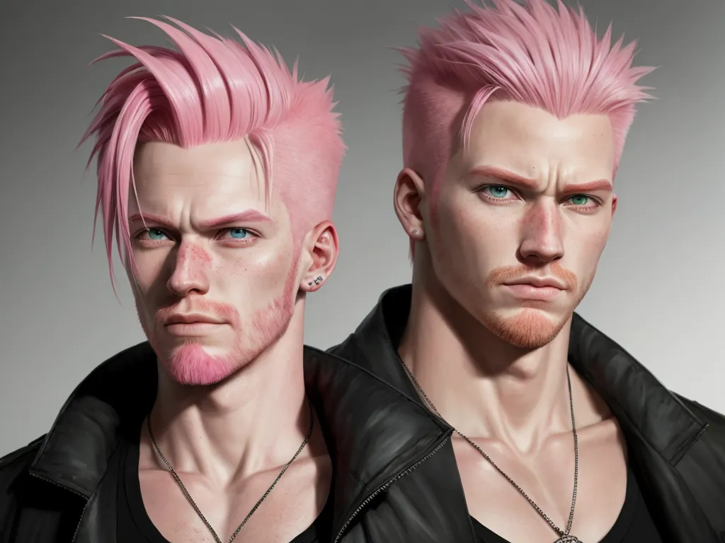 ai image from text - two male characters with pink hair and piercings on their ears and shoulders, one with a pink mohawk, by Lois van Baarle