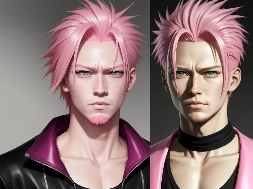 make any photo hd - two male characters with pink hair and green eyes, one with pink hair and the other with green eyes, by Akira Toriyama