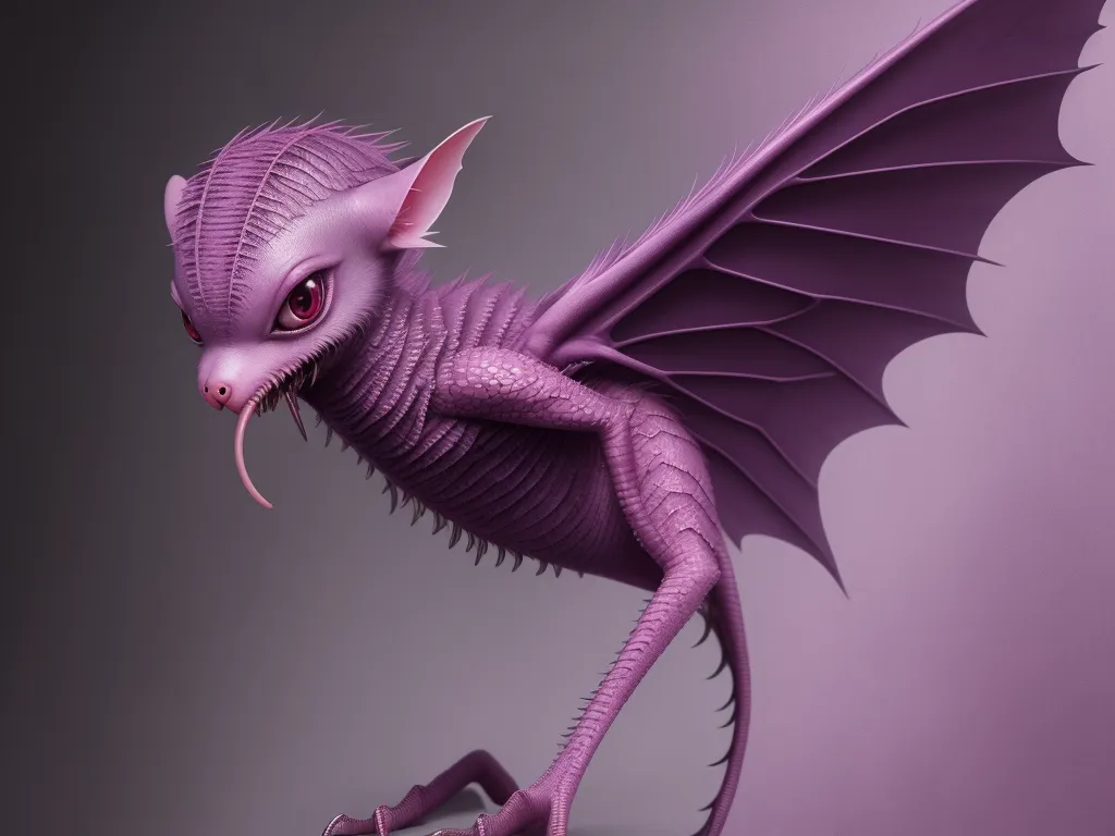 ai text to picture - a purple dragon with large wings and a tail is posed in a pose with its eyes open and a tail is folded, by Pixar Concept Artists