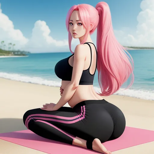 a woman with pink hair sitting on a pink mat on the beach with a pink ponytail on her head, by Akira Toriyama