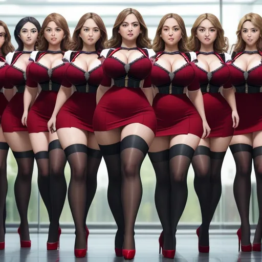 text-to-image ai generator - a group of women in red dresses and stockings posing for a picture together with their stockings on and stockings on, by Terada Katsuya