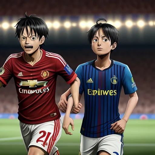 make picture higher resolution - two young men are playing soccer on a field of a stadium with lights on the stands and a stadium stands behind them, by Toei Animations