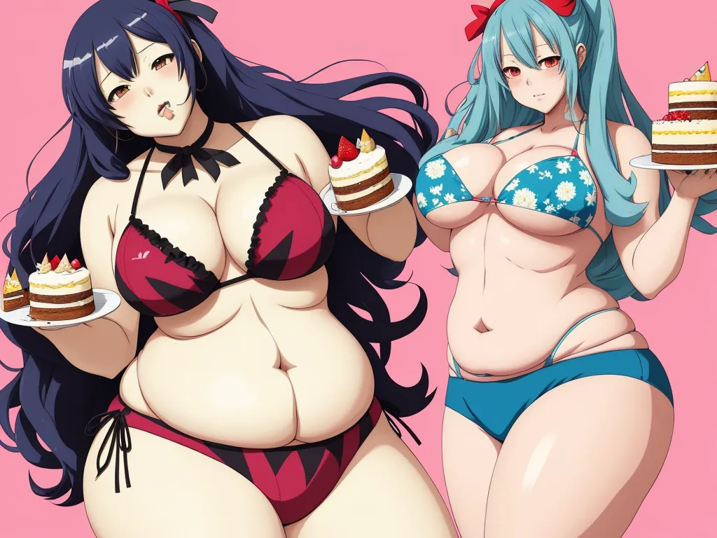 two women in bikinis holding cakes and a cake plate with a cake on it, and one woman in a bikini, by Toei Animations