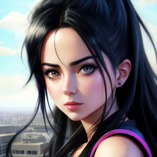 a woman with long black hair and a pink top on a city street with a sky background and clouds, by Daniela Uhlig