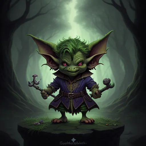 a green creature with horns and a purple outfit holding a hammer in a forest with trees and fogs, by Daniela Uhlig