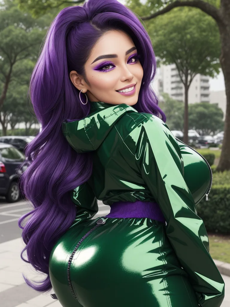 ai image enhancer - a woman with purple hair and green shiny clothes posing for a picture in a city street with cars and trees, by Sailor Moon