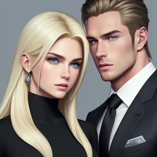 a man and a woman are dressed in black and white clothing and are looking at the camera with blue eyes, by Lois van Baarle