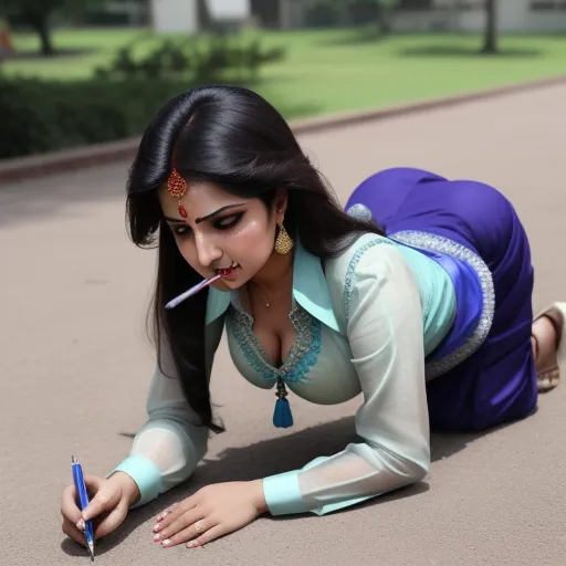a woman laying on the ground with a pen in her mouth and writing on the ground with her hand, by Sailor Moon