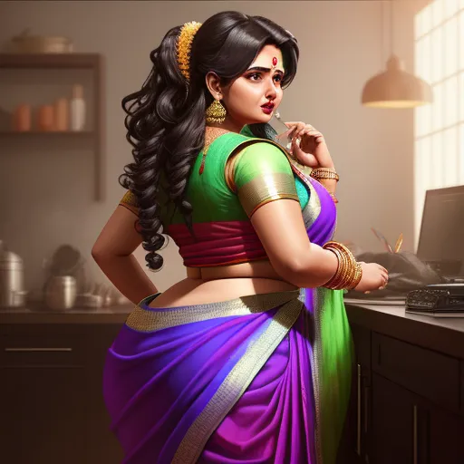 turn image to hd - a woman in a sari is standing in a kitchen with a laptop computer on the counter and looking at the screen, by Raja Ravi Varma