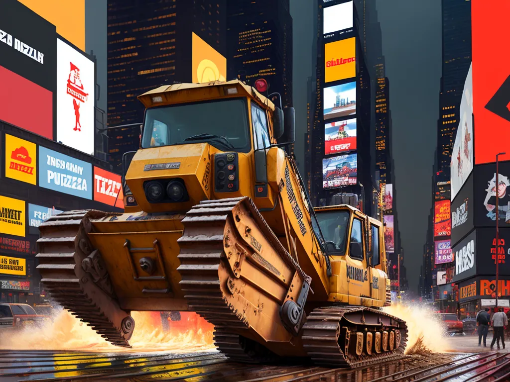 inch to pixel converter - a yellow bulldozer is on a track in a city street with people and buildings in the background, by Pixar Concept Artists